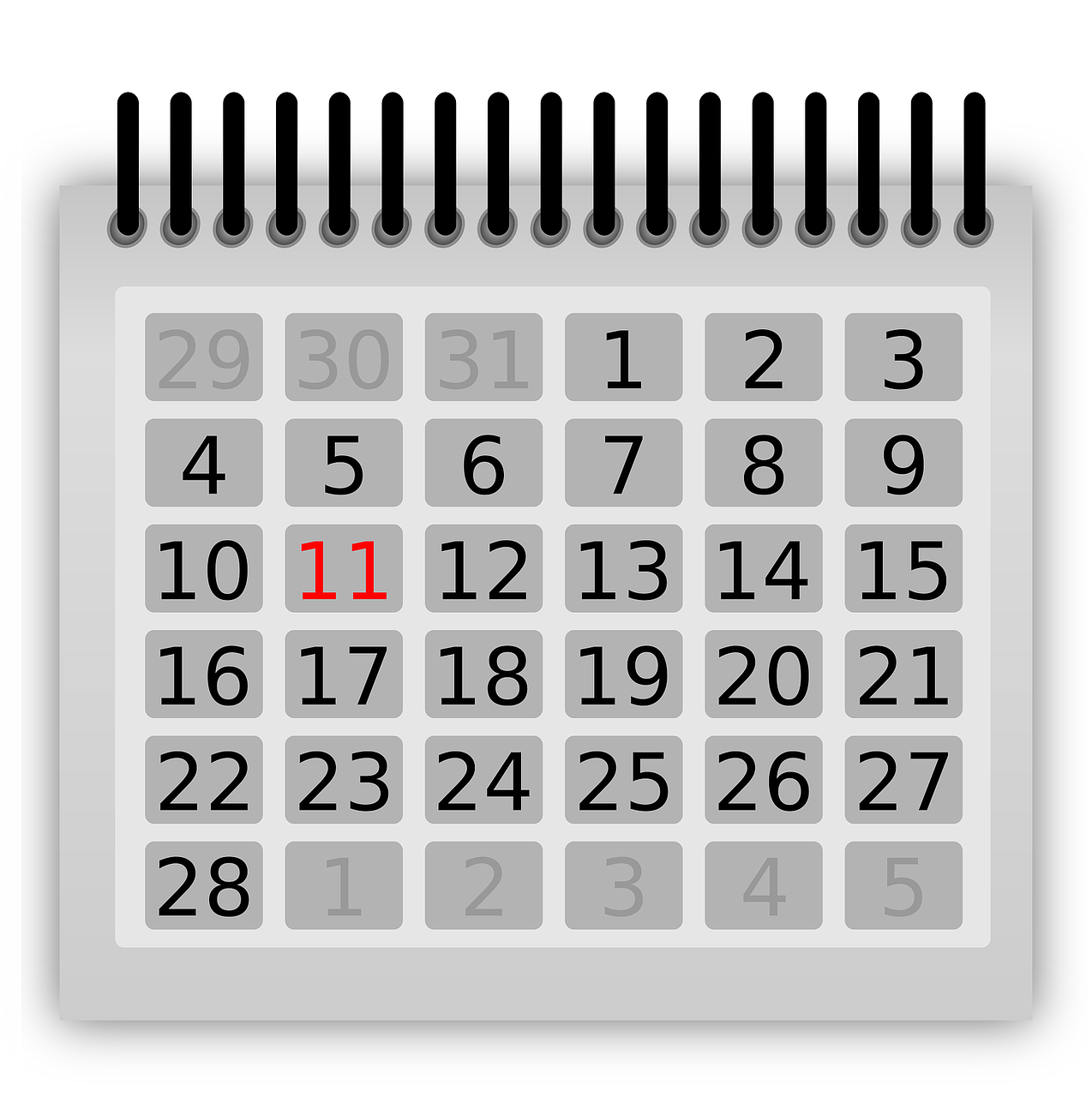 En kalender i grått, svart, rött och vitt med spiralpärm